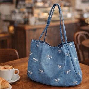 Blue Denim Tote Bag with Bow Accents